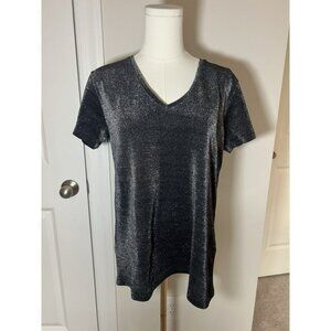 Women's AllSaints Black Metallic Shimmer Short Sleeve Blouse Large